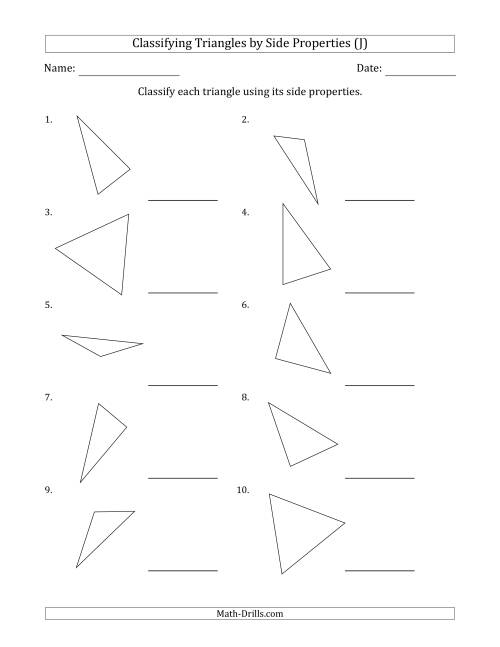The Classifying Triangles by Side Properties (No Marks on Question Page) (J) Math Worksheet