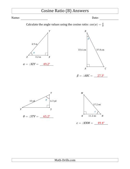 The Calculating Angle Values Using the Cosine Ratio (B) Math Worksheet Page 2