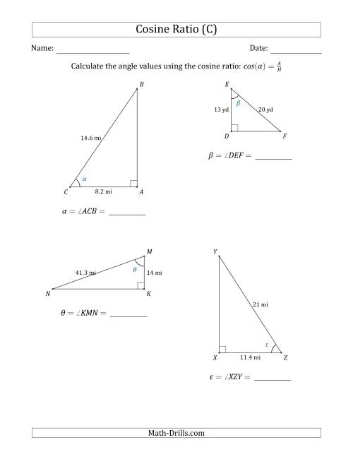 The Calculating Angle Values Using the Cosine Ratio (C) Math Worksheet