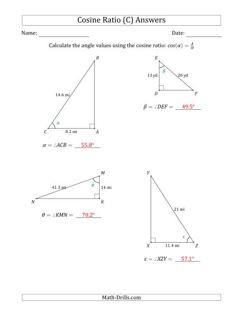 The Calculating Angle Values Using the Cosine Ratio (C) Math Worksheet Page 2