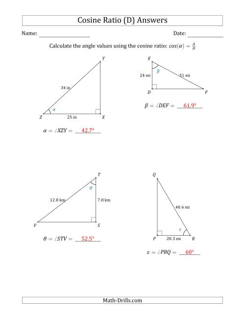 The Calculating Angle Values Using the Cosine Ratio (D) Math Worksheet Page 2