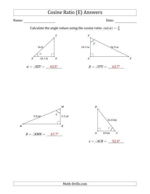 The Calculating Angle Values Using the Cosine Ratio (E) Math Worksheet Page 2