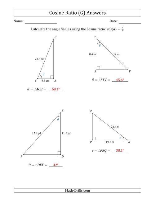 The Calculating Angle Values Using the Cosine Ratio (G) Math Worksheet Page 2