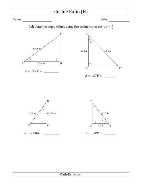 The Calculating Angle Values Using the Cosine Ratio (H) Math Worksheet