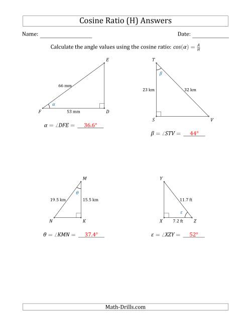 The Calculating Angle Values Using the Cosine Ratio (H) Math Worksheet Page 2