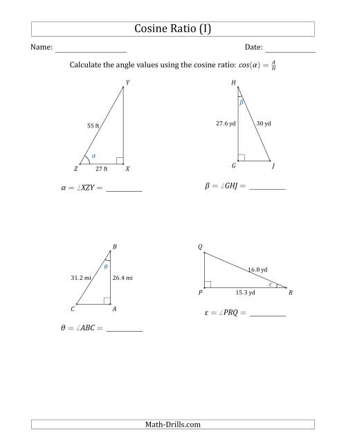 The Calculating Angle Values Using the Cosine Ratio (I) Math Worksheet