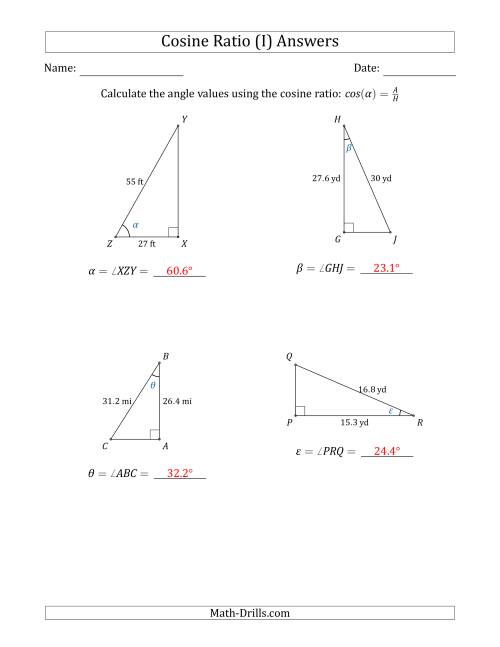 The Calculating Angle Values Using the Cosine Ratio (I) Math Worksheet Page 2