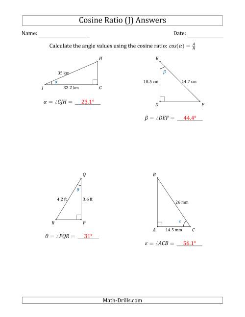 The Calculating Angle Values Using the Cosine Ratio (J) Math Worksheet Page 2