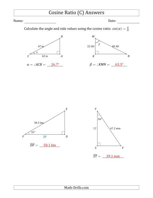 The Calculating Angle and Side Values Using the Cosine Ratio (C) Math Worksheet Page 2