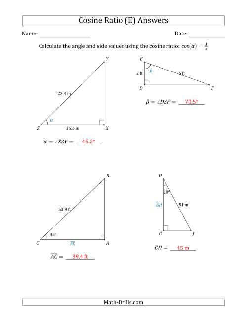The Calculating Angle and Side Values Using the Cosine Ratio (E) Math Worksheet Page 2