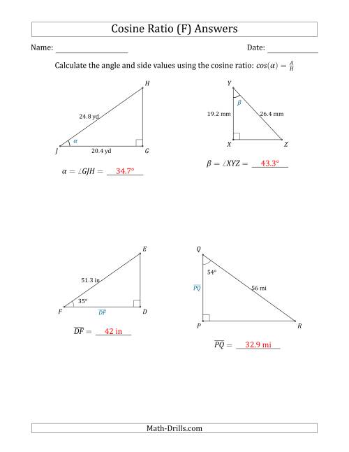 The Calculating Angle and Side Values Using the Cosine Ratio (F) Math Worksheet Page 2