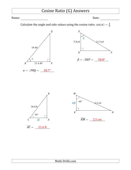 The Calculating Angle and Side Values Using the Cosine Ratio (G) Math Worksheet Page 2