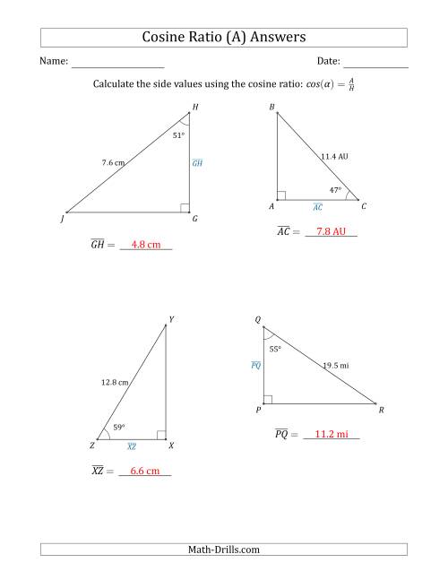 The Calculating Side Values Using the Cosine Ratio (A) Math Worksheet Page 2