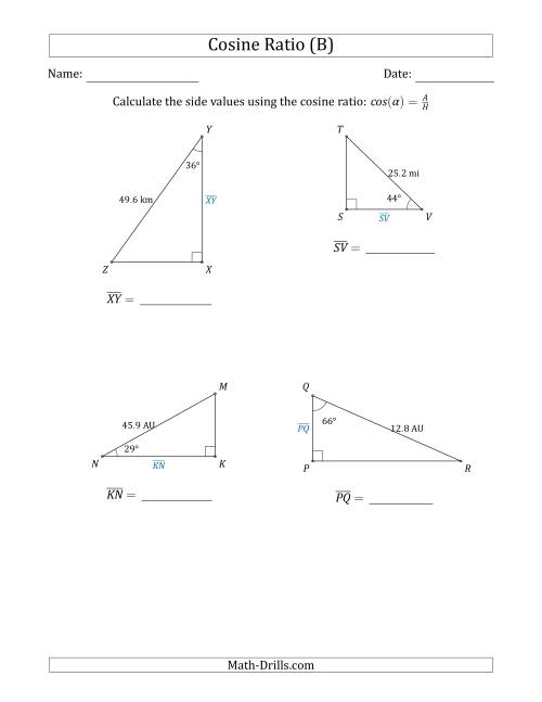The Calculating Side Values Using the Cosine Ratio (B) Math Worksheet