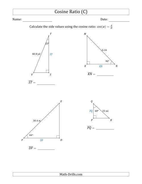 The Calculating Side Values Using the Cosine Ratio (C) Math Worksheet
