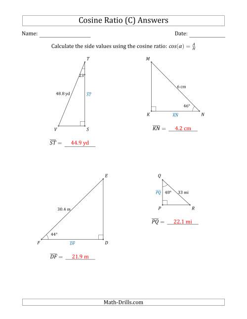 The Calculating Side Values Using the Cosine Ratio (C) Math Worksheet Page 2