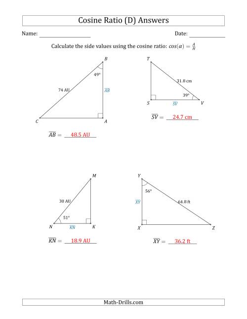 The Calculating Side Values Using the Cosine Ratio (D) Math Worksheet Page 2