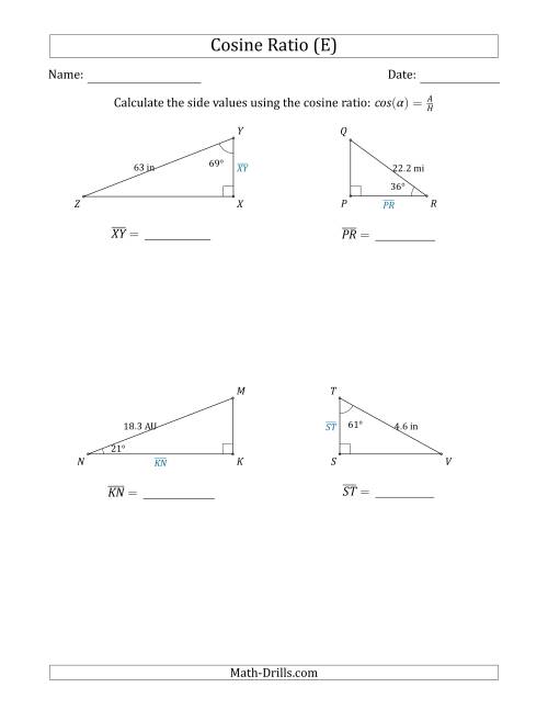 The Calculating Side Values Using the Cosine Ratio (E) Math Worksheet