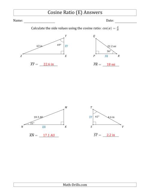 The Calculating Side Values Using the Cosine Ratio (E) Math Worksheet Page 2
