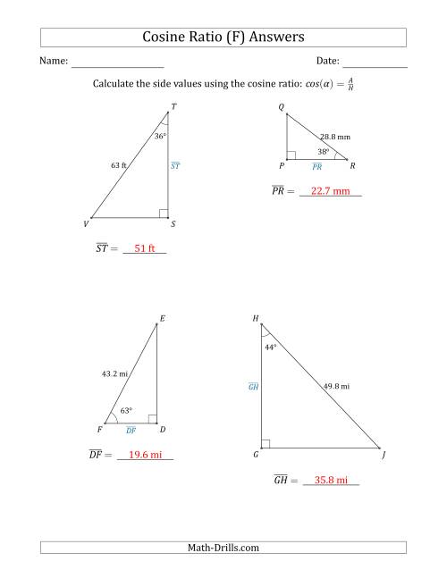 The Calculating Side Values Using the Cosine Ratio (F) Math Worksheet Page 2