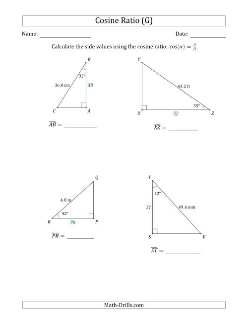 The Calculating Side Values Using the Cosine Ratio (G) Math Worksheet