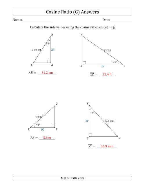 The Calculating Side Values Using the Cosine Ratio (G) Math Worksheet Page 2