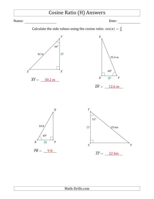 The Calculating Side Values Using the Cosine Ratio (H) Math Worksheet Page 2