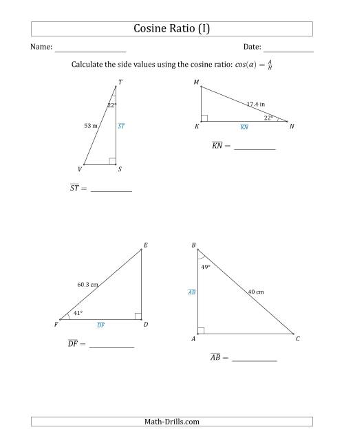 The Calculating Side Values Using the Cosine Ratio (I) Math Worksheet