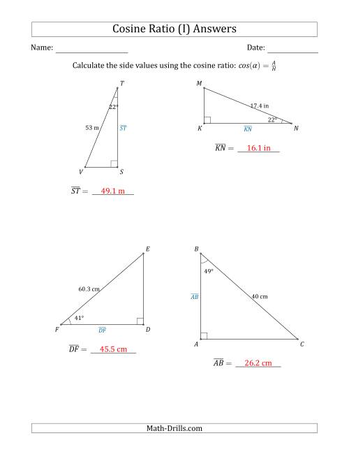 The Calculating Side Values Using the Cosine Ratio (I) Math Worksheet Page 2