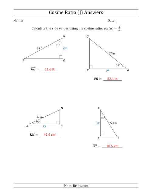 The Calculating Side Values Using the Cosine Ratio (J) Math Worksheet Page 2