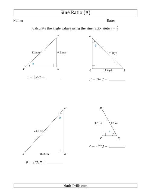 The Calculating Angle Values Using the Sine Ratio (A) Math Worksheet