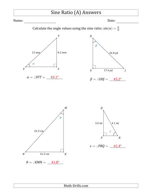 The Calculating Angle Values Using the Sine Ratio (A) Math Worksheet Page 2
