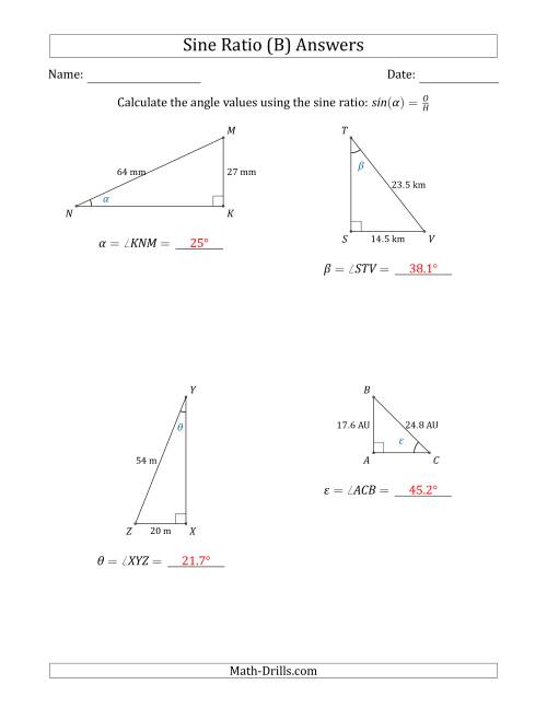 The Calculating Angle Values Using the Sine Ratio (B) Math Worksheet Page 2