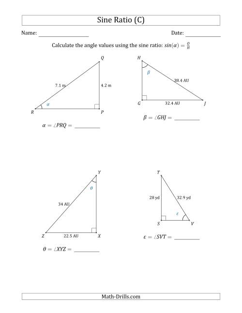 The Calculating Angle Values Using the Sine Ratio (C) Math Worksheet