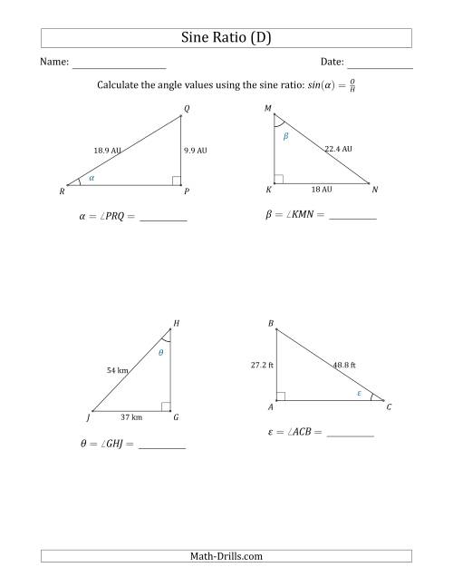 The Calculating Angle Values Using the Sine Ratio (D) Math Worksheet