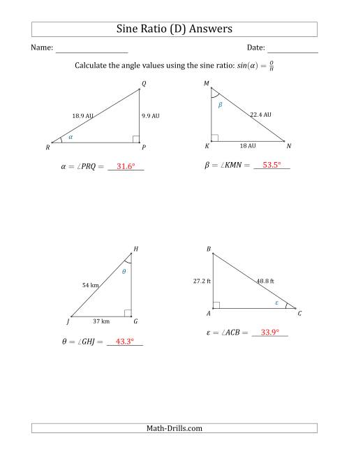 The Calculating Angle Values Using the Sine Ratio (D) Math Worksheet Page 2