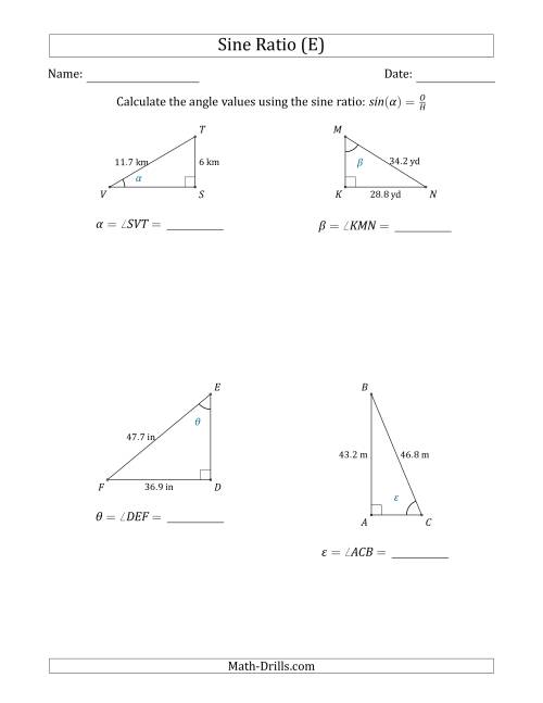 The Calculating Angle Values Using the Sine Ratio (E) Math Worksheet