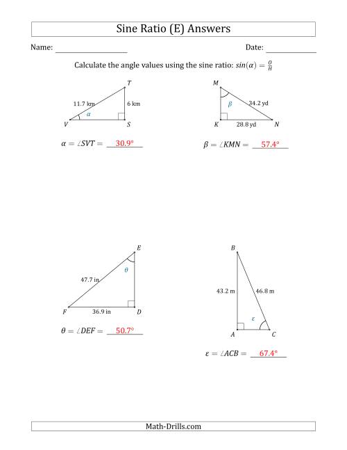 The Calculating Angle Values Using the Sine Ratio (E) Math Worksheet Page 2