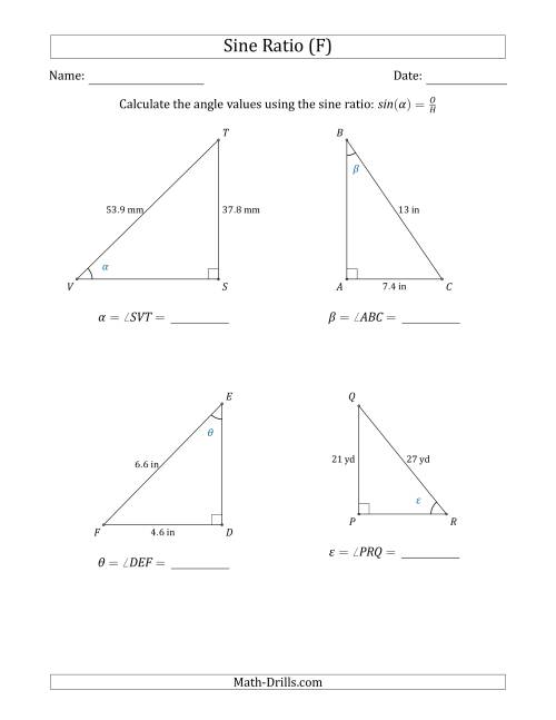 The Calculating Angle Values Using the Sine Ratio (F) Math Worksheet