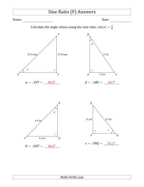 The Calculating Angle Values Using the Sine Ratio (F) Math Worksheet Page 2