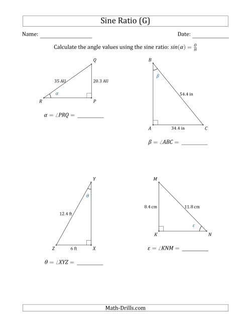 The Calculating Angle Values Using the Sine Ratio (G) Math Worksheet