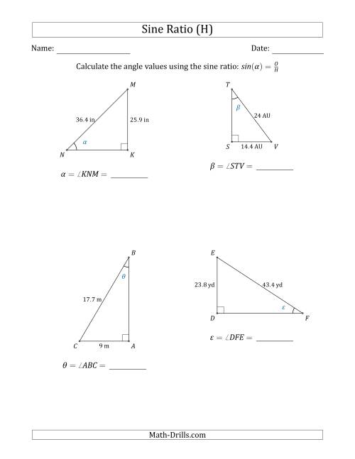 The Calculating Angle Values Using the Sine Ratio (H) Math Worksheet