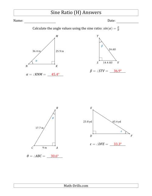 The Calculating Angle Values Using the Sine Ratio (H) Math Worksheet Page 2
