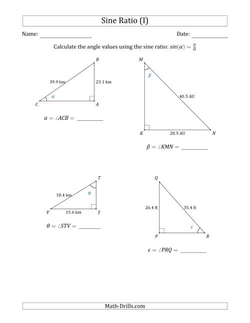 The Calculating Angle Values Using the Sine Ratio (I) Math Worksheet
