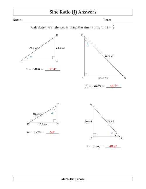 The Calculating Angle Values Using the Sine Ratio (I) Math Worksheet Page 2