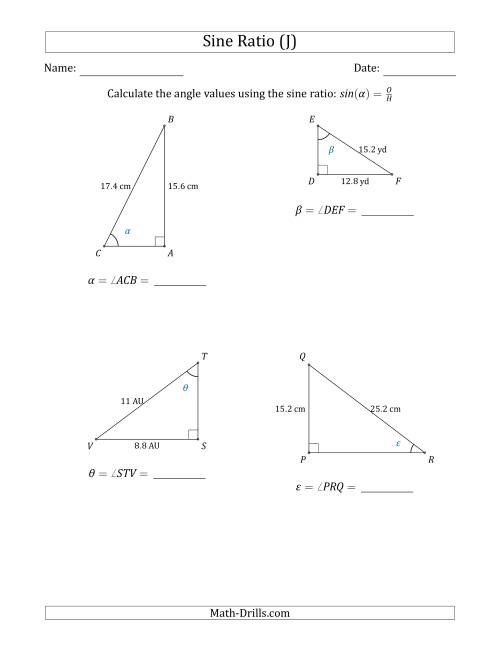 The Calculating Angle Values Using the Sine Ratio (J) Math Worksheet
