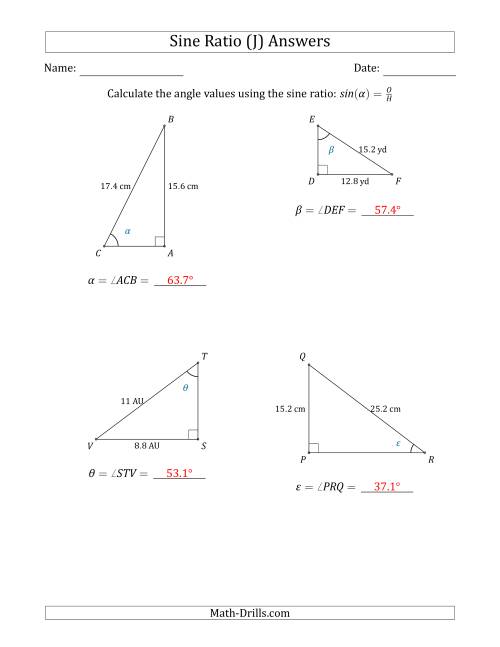 The Calculating Angle Values Using the Sine Ratio (J) Math Worksheet Page 2