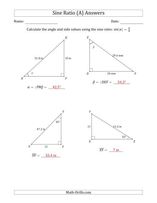 The Calculating Angle and Side Values Using the Sine Ratio (A) Math Worksheet Page 2