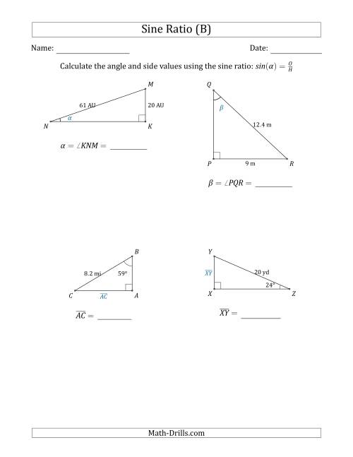 The Calculating Angle and Side Values Using the Sine Ratio (B) Math Worksheet