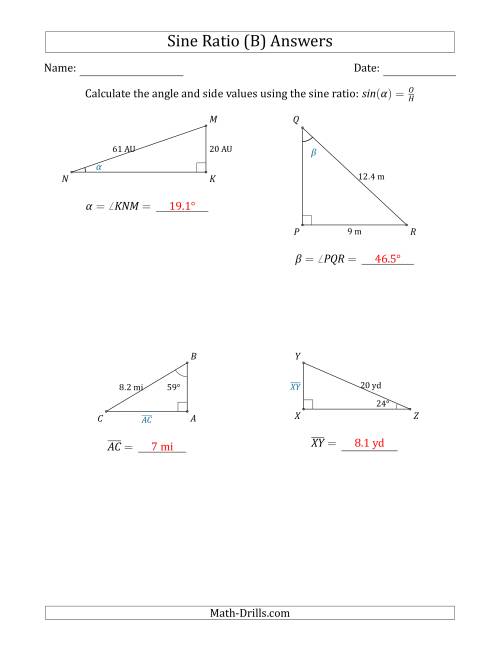 The Calculating Angle and Side Values Using the Sine Ratio (B) Math Worksheet Page 2